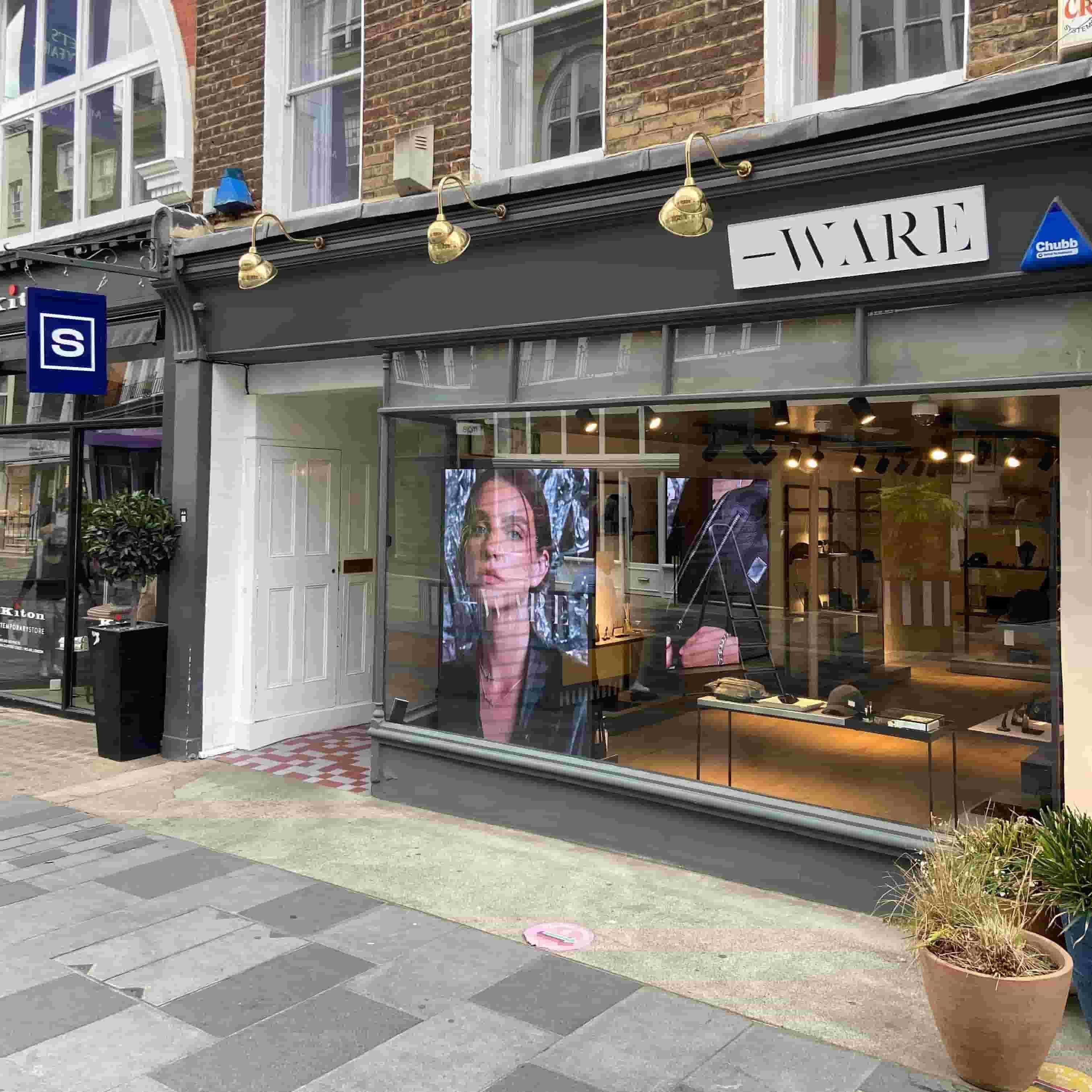 sook space in south molton street with ware branding above the shop and in the windows during ware pop up