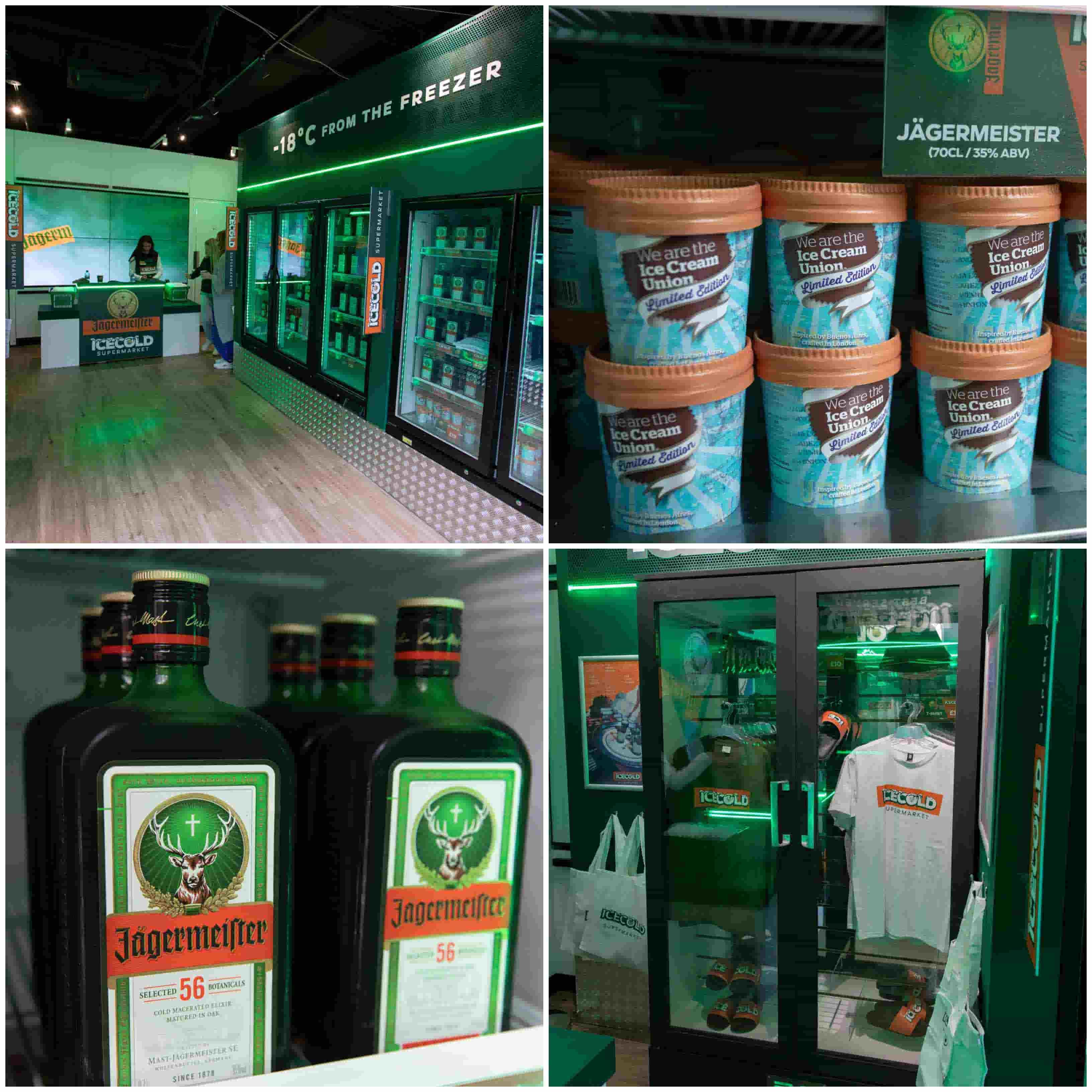Jagermeister stock on display in Sook's Oxford Street space including Jagermeister ice cream and branded t-shirts