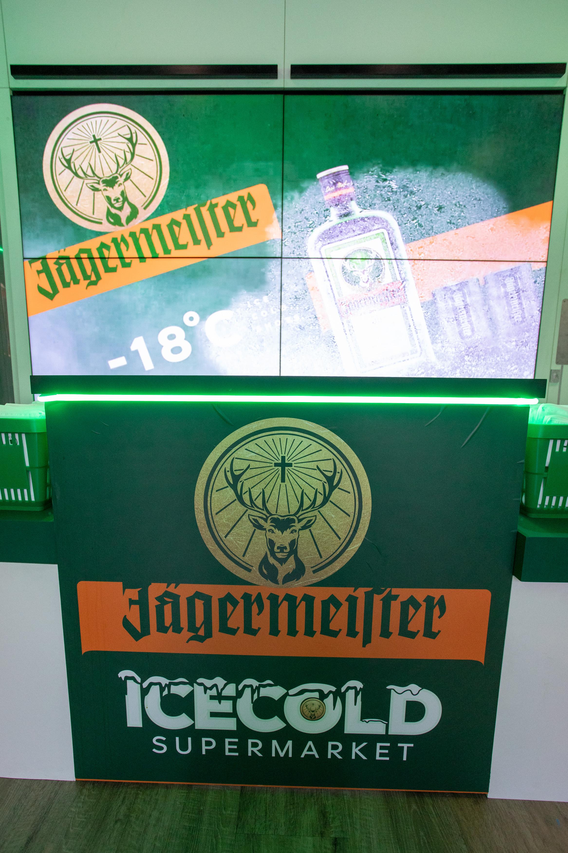 Jagermister branding on screens in Sook Oxford Street during Jagermeister Ice Cold Pop Up