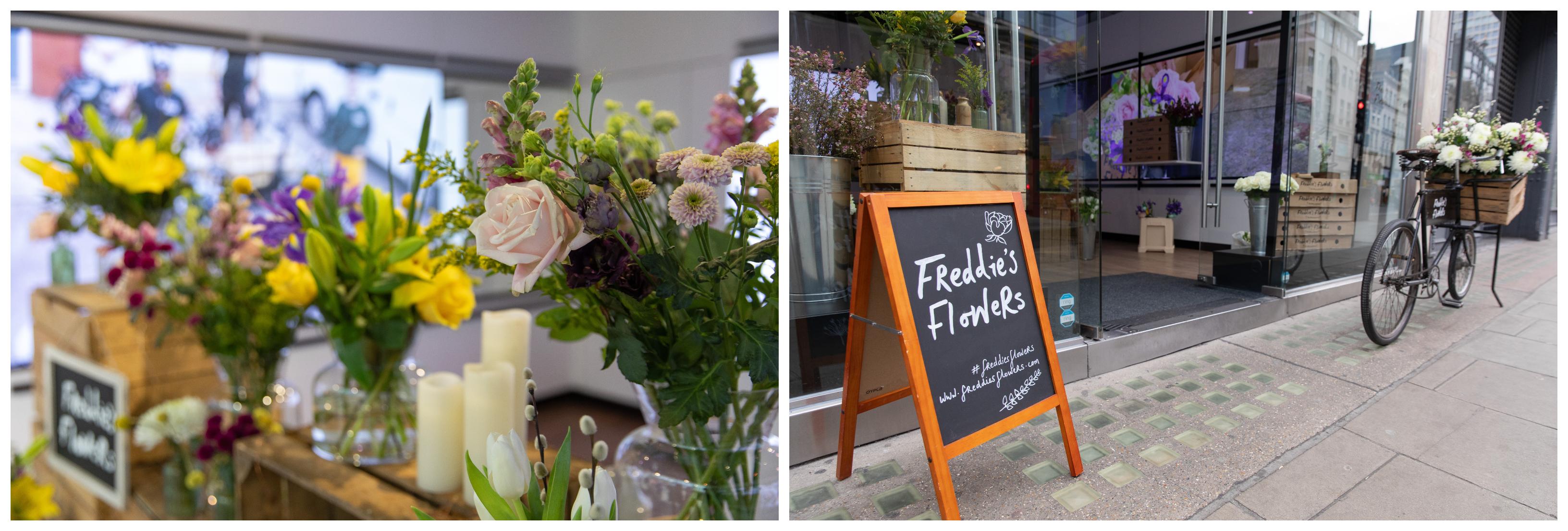Freddie's Flowers pop up, bouquets and sign at Sook in Oxford Street