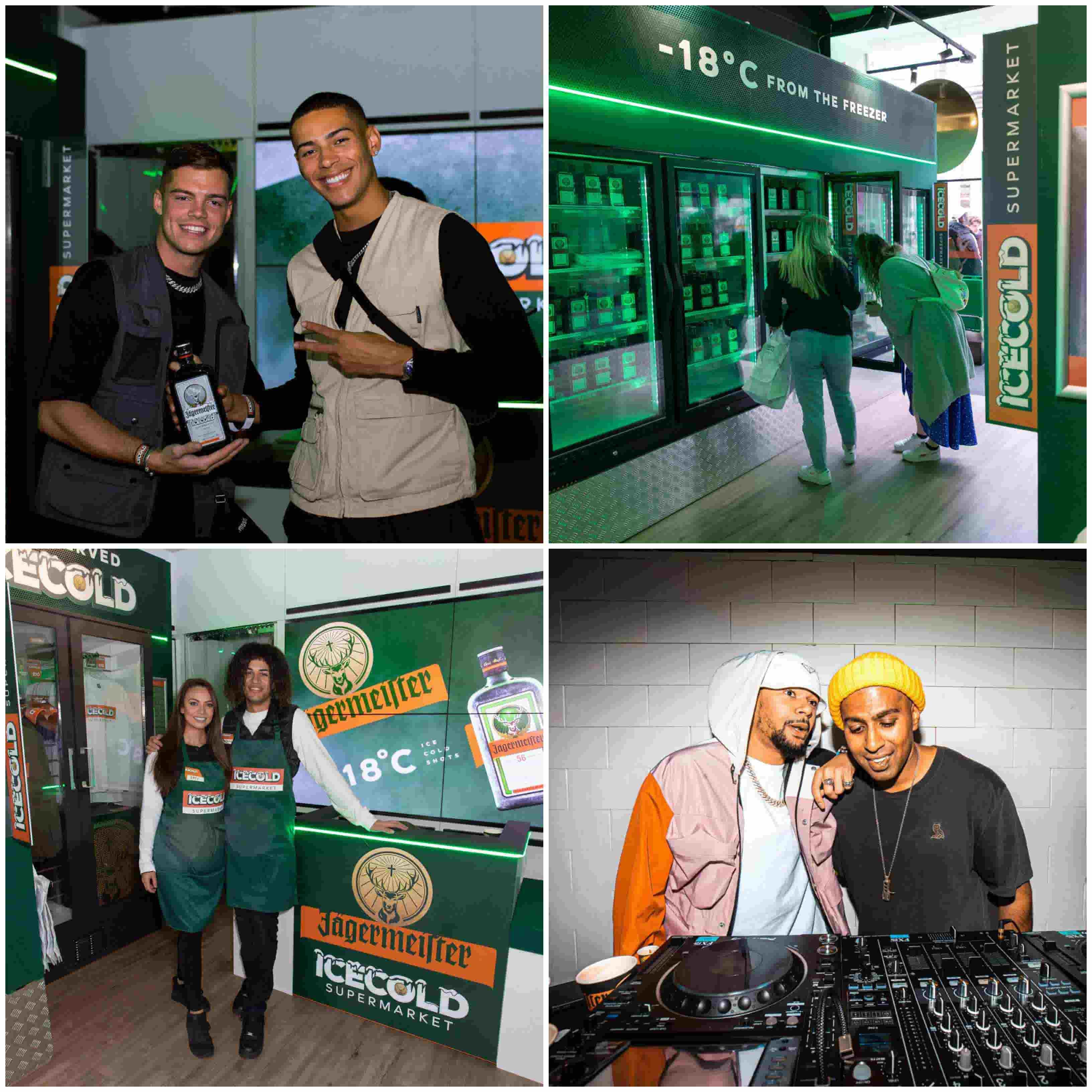Collage of four shots from Jagermeister pop up at Sook Oxford Street including DJ set, jagermeister products in fridges
