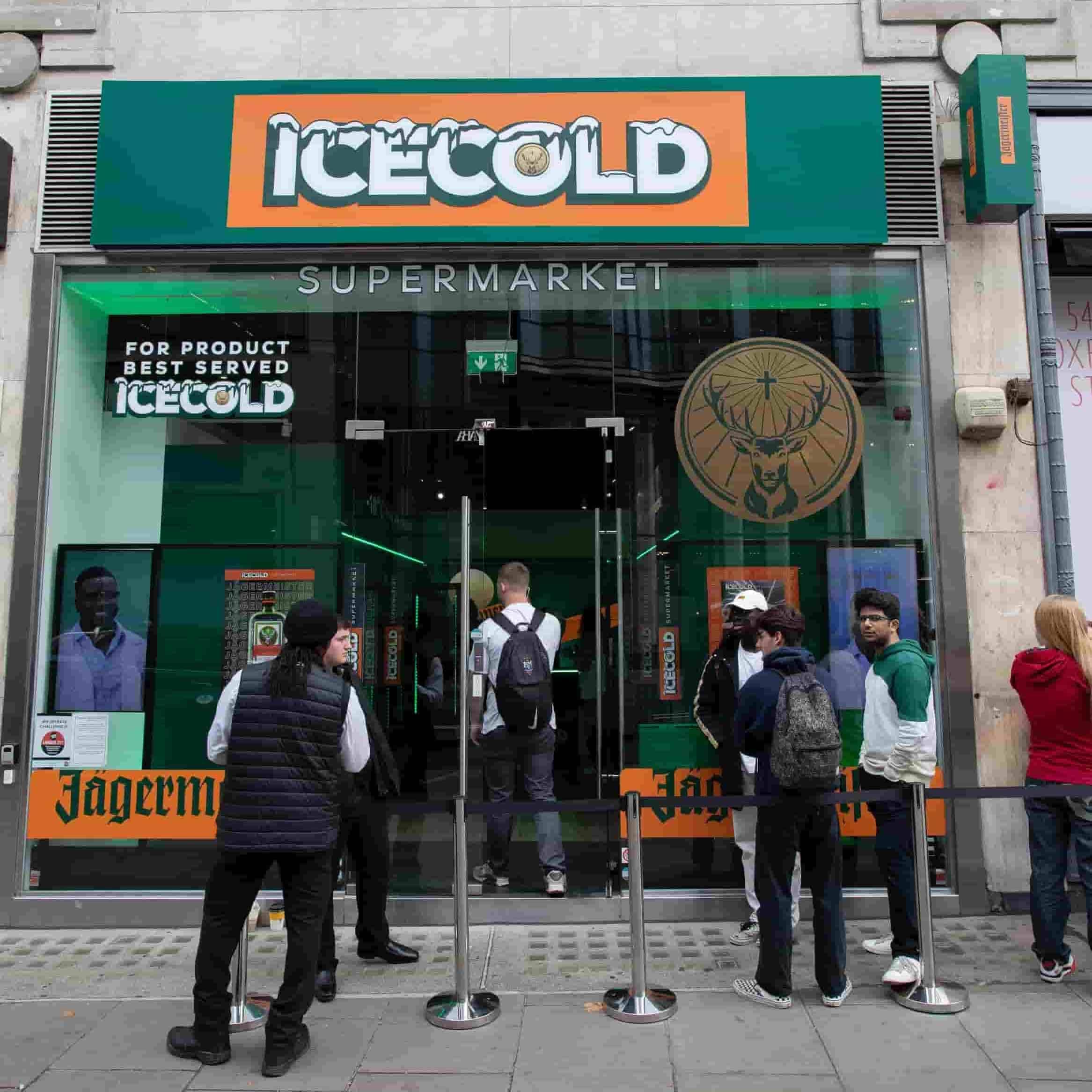 Outside of Sook space on Oxford Street with Jagermeister branding for their Ice Cold pop up